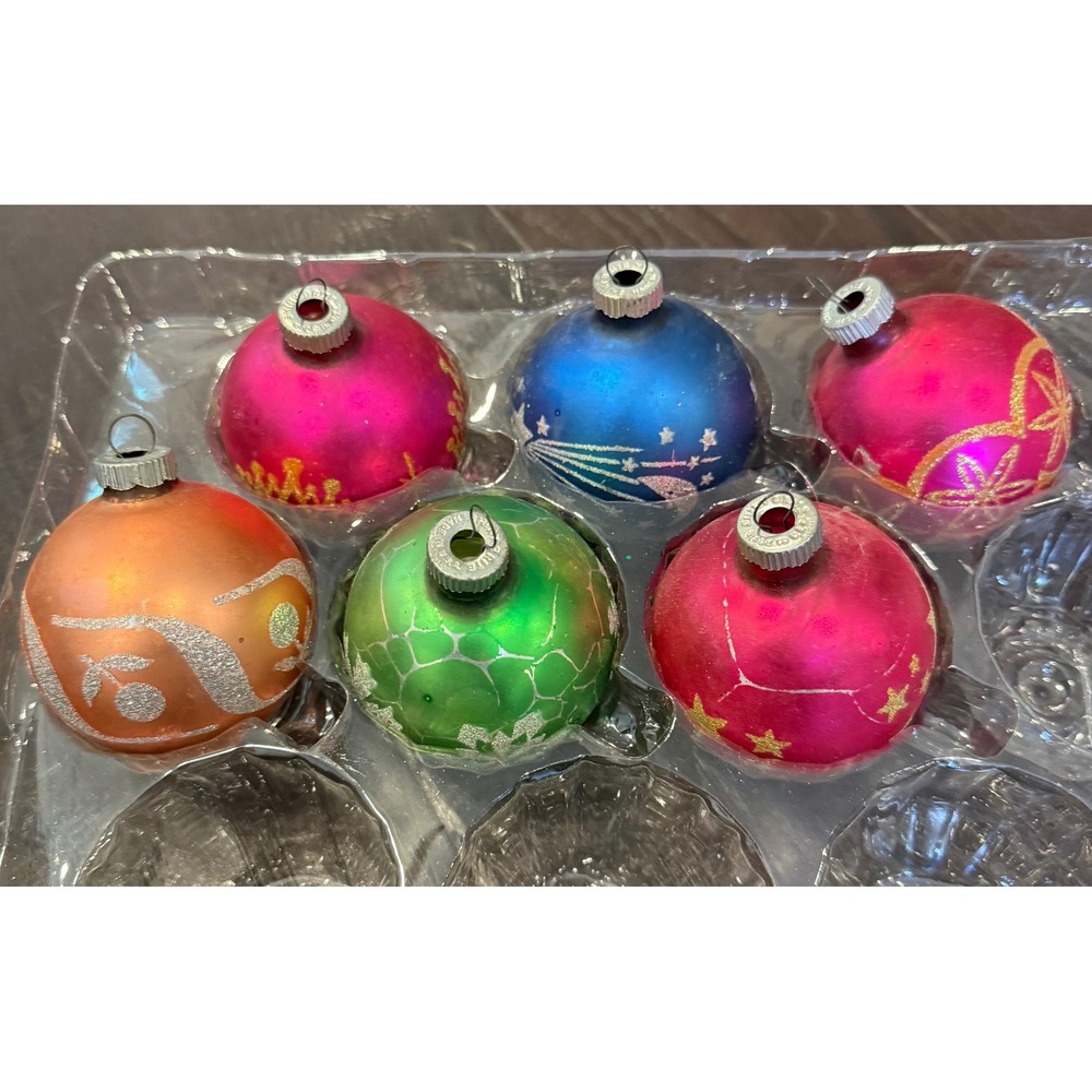 Shiny Brite Glass Christmas Ornaments Multicolor Vintage Stenciled Set of 6 USA
